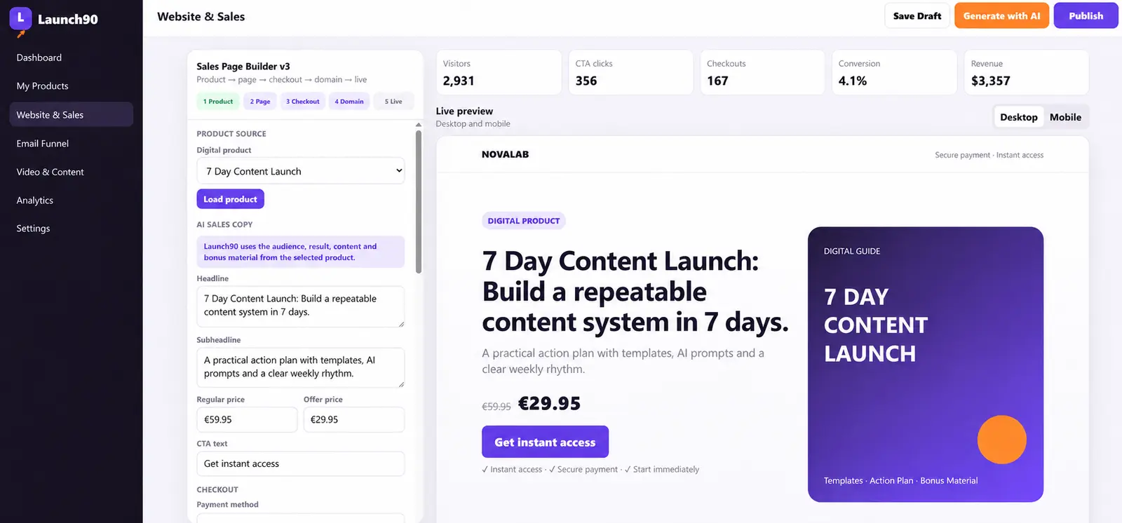 Launch90 software workspace dashboard preview