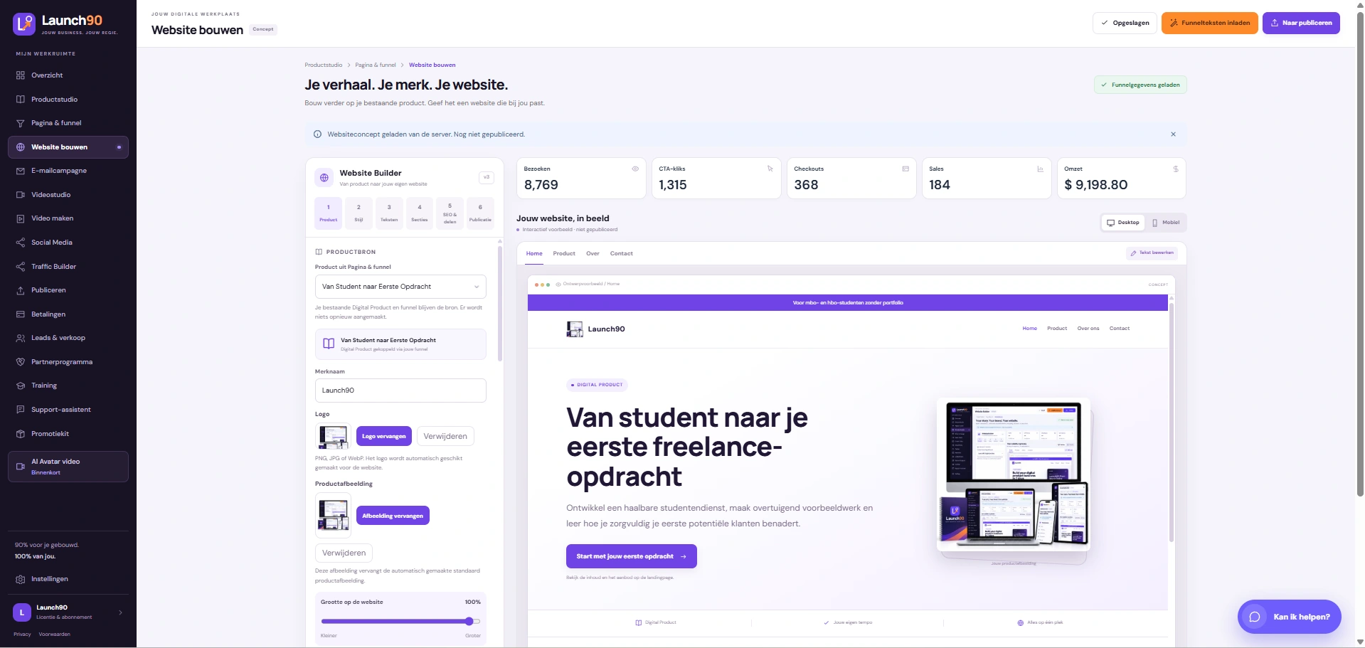 Het dashboard van de Launch90-software